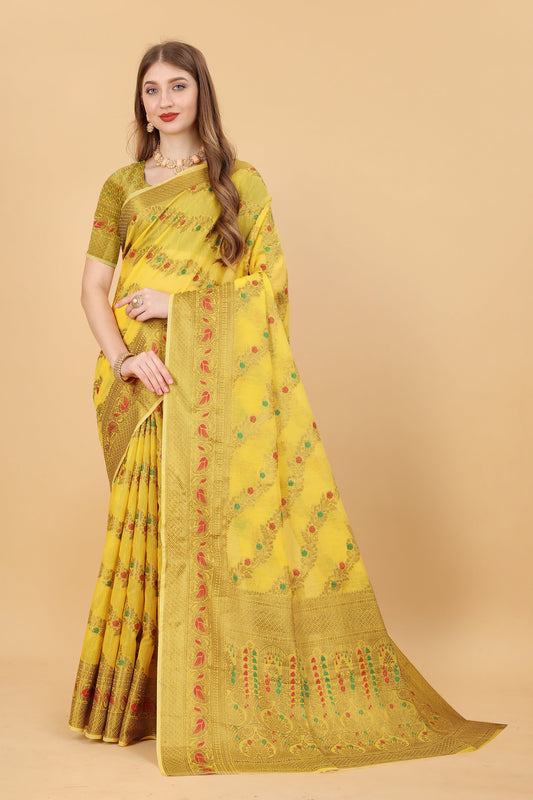 Vedant Vastram Soft Cotton Silk Banarasi Silk Saree - Yellow | Swadesiicart