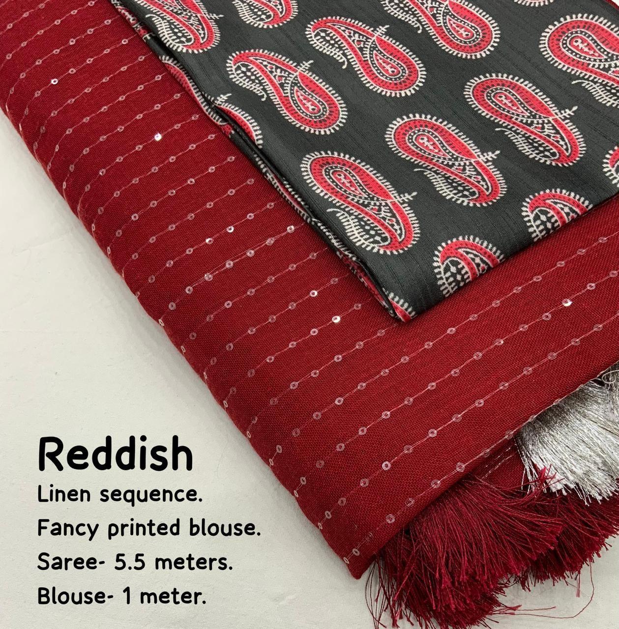 Red Linen Sequence Saree with Unstitched Blouse - Hiral Fashion | Swadesiicart