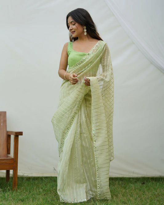Vamsee Vijaysitara Pista Organza Saree - Swadesiicart