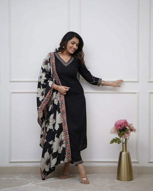 The52 Black Women's Beautiful Viscose Silk Fabric Embroidered Work Straight Kurta Pant and Dupatta Set - Swadesiicart