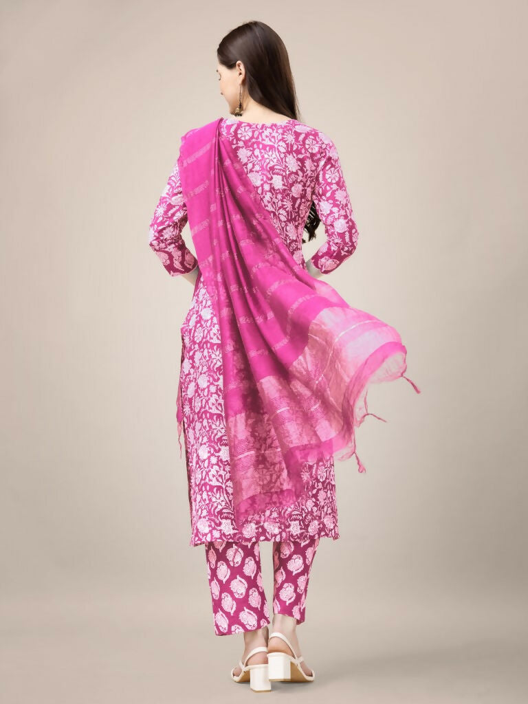 Jyoti Fashion Women's Pink Rayon Print with Embroidery & Fancy Lace Work Kurta with Trouser & Dupatta | Swadesiicart