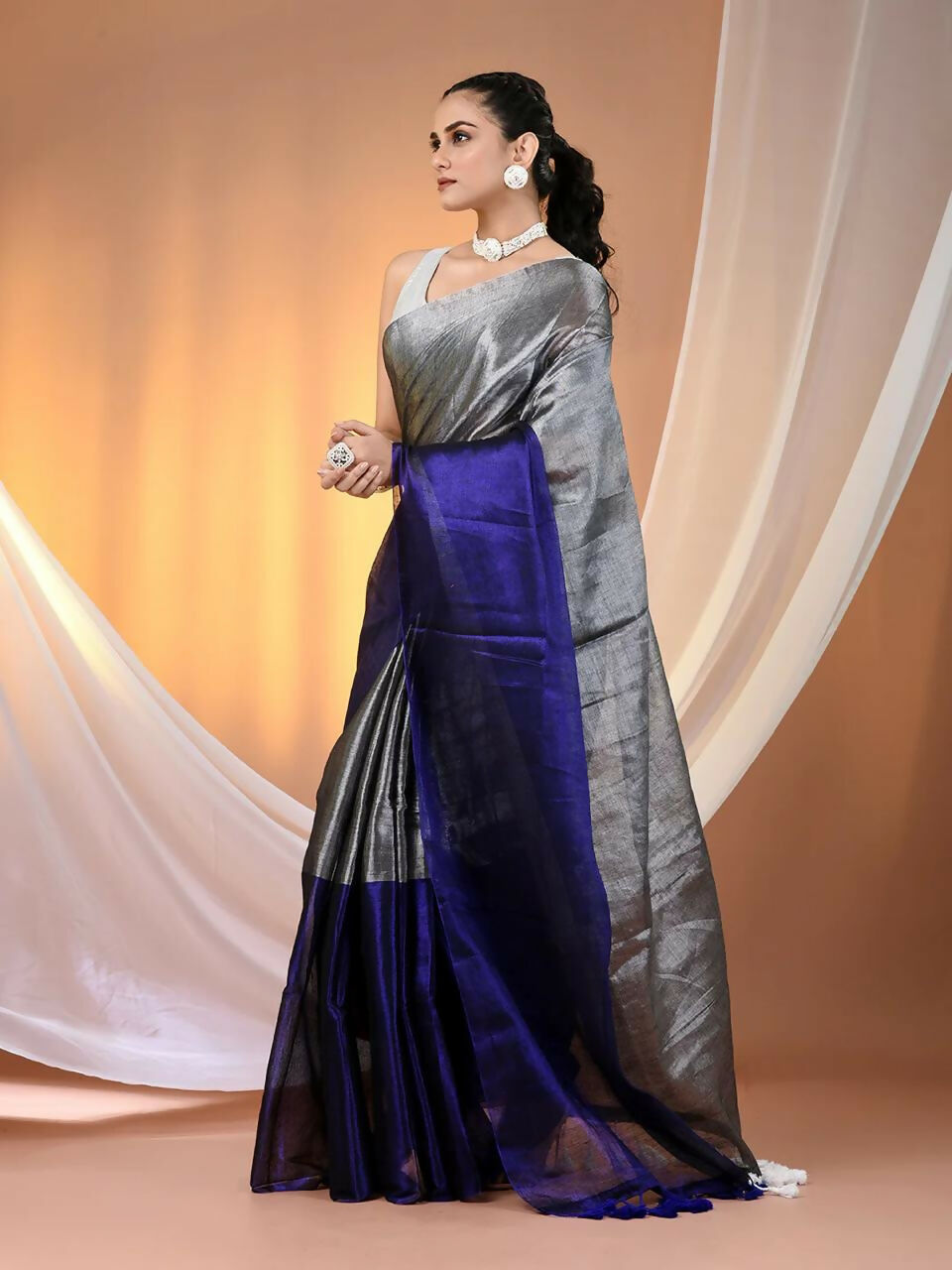 Exclusive Collection Beautiful Gray Blue Tissue Silk Hand Weaving Handloom Saree With Running Blouse Piece - Swadesiicart