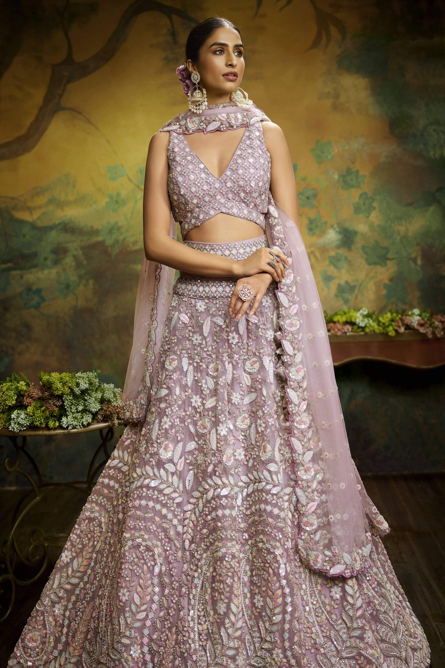 House of Panchhi Mauve Net Multi Sequins with heavy Zarkan embroidery Lehenga choli & Dupatta | Swadesiicart