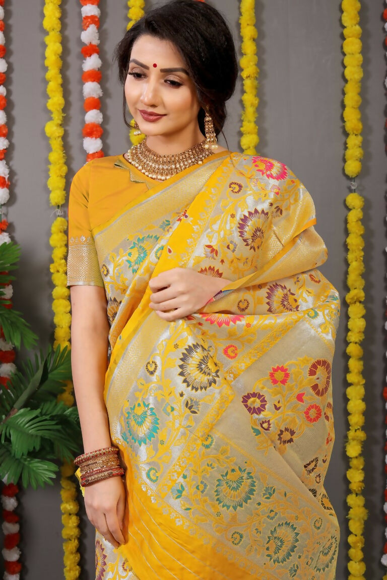 Jyoti Fashion Women's Yellow Banarasi Silk Zari Woven Saree with Blouse | Swadesiicart