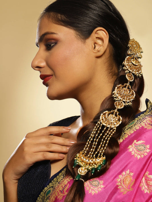 Gold-Polished Green Kundan Stone-Studded Head Chain - Ruby Raang | Swadesiicart
