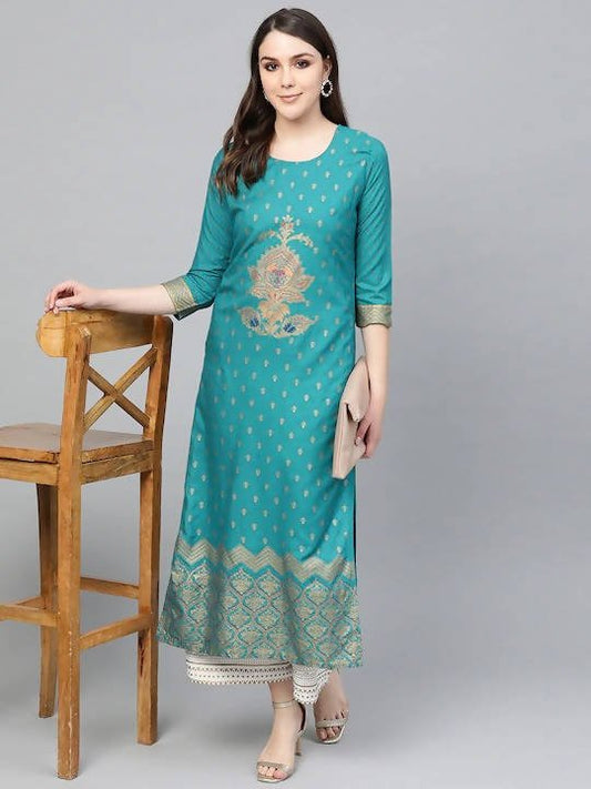 Anubhutee Peacock Blue Kurta Set with Golden Traditional Motifs - Swadesiicart