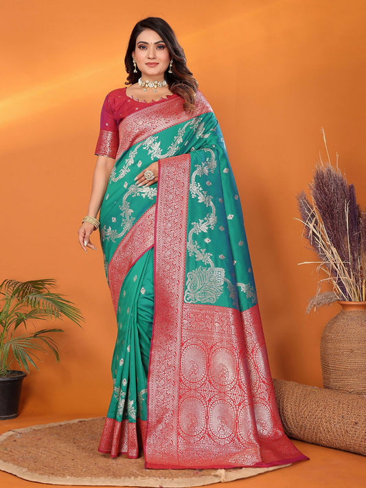 Joban Fashion Banarasi Pine Green Woven Soft Silk Saree | Swadesiicart