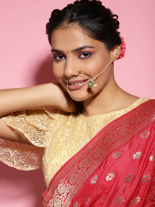 Gold-Polished Green White Kundan Studded Beaded Chained Nosepin - Ruby Raang | Swadesiicart