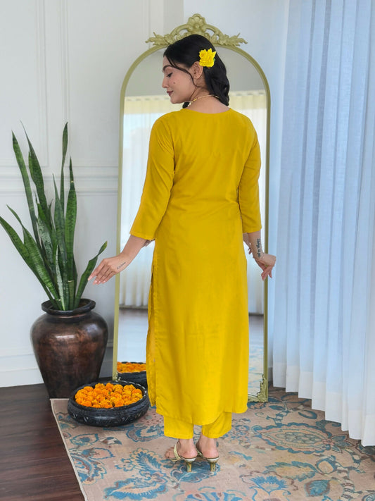 The52 Yellow Women's Beautiful Embroidered Rayon Fabric with Straight Kurta, Pant and Dupatta Set - Swadesiicart