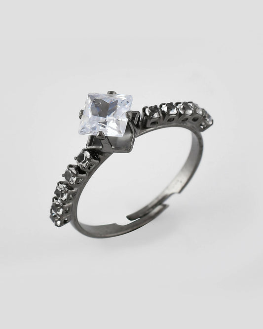 VOJ white CZ-detail Stainless Steel Cubic Zirconia Rhodium Plated Adjustable Finger Ring | Swadesiicart
