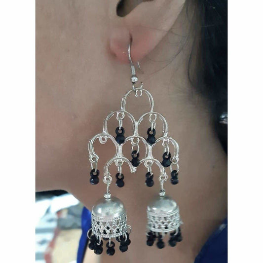 MS Fashion India Silver Oxidized Fashion Traditional Double Jhumka Long Black Pearls Earrings | Swadesiicart