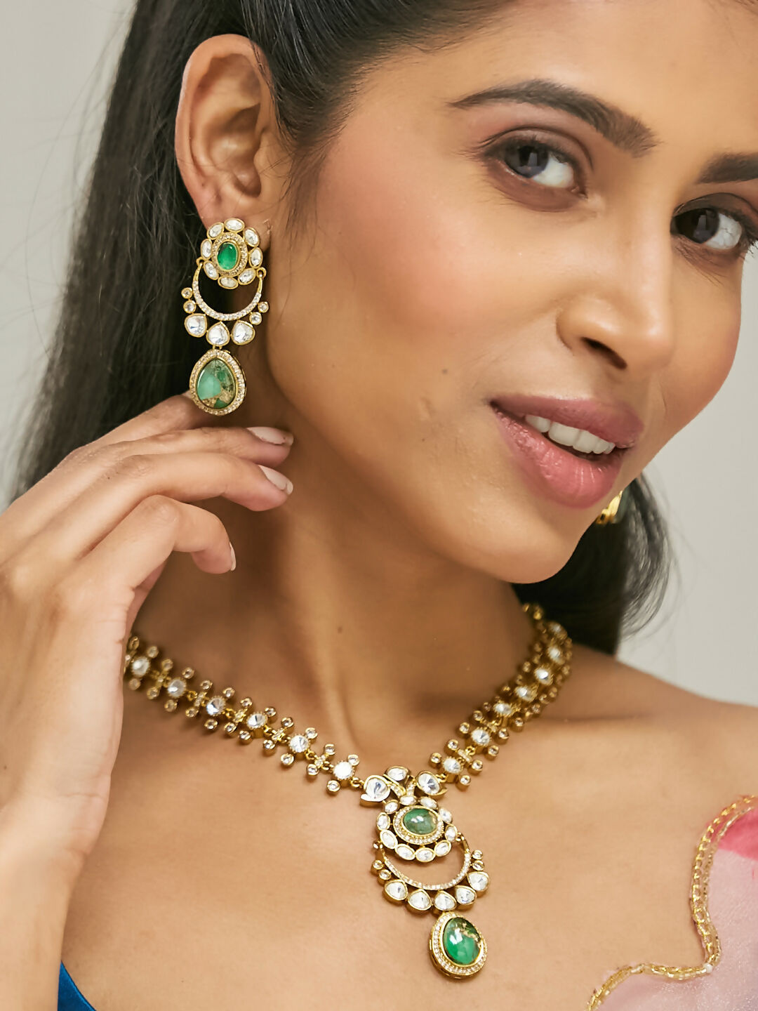 Nuyug 22K Gold-Plated Kundan Studded Faux Jasper Stone Necklace Set | Swadesiicart