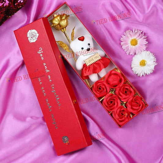 Tied Ribbons Rose Flower Artificial With Teddy - Valentines Day Gift Box | Swadesiicart