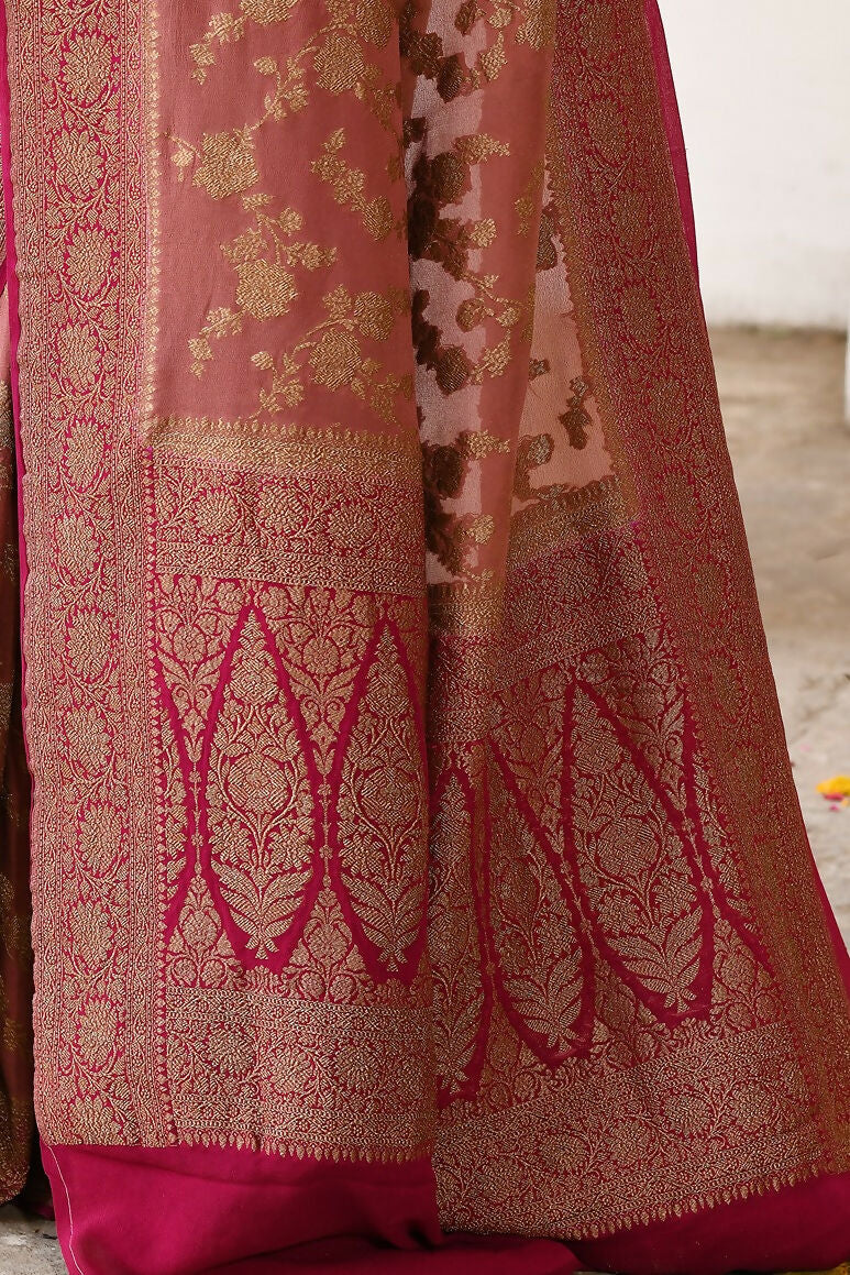 Joban Fashion Rouge Pink Crepe Chiffon Pure Handloom Banarasi Silk Saree | Swadesiicart