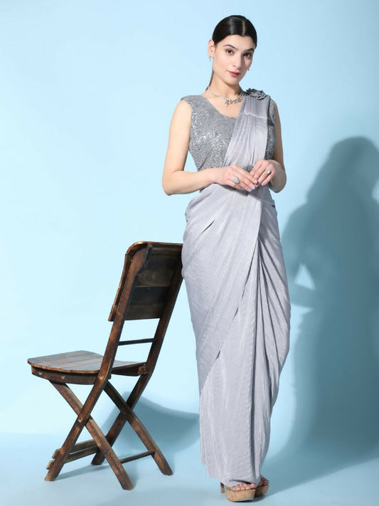 Grey Imported Crush Lycra Texture Pattern Ready to Wear Saree with stitched Blouse - Nirvana | Swadesiicart