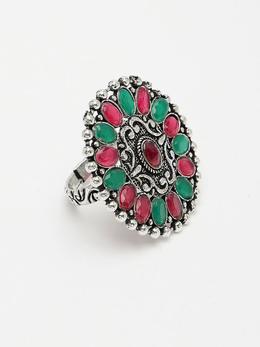 NVR Women's Multicolor Silver-Plated Circular Shape Adjustable Finger Ring | Swadesiicart