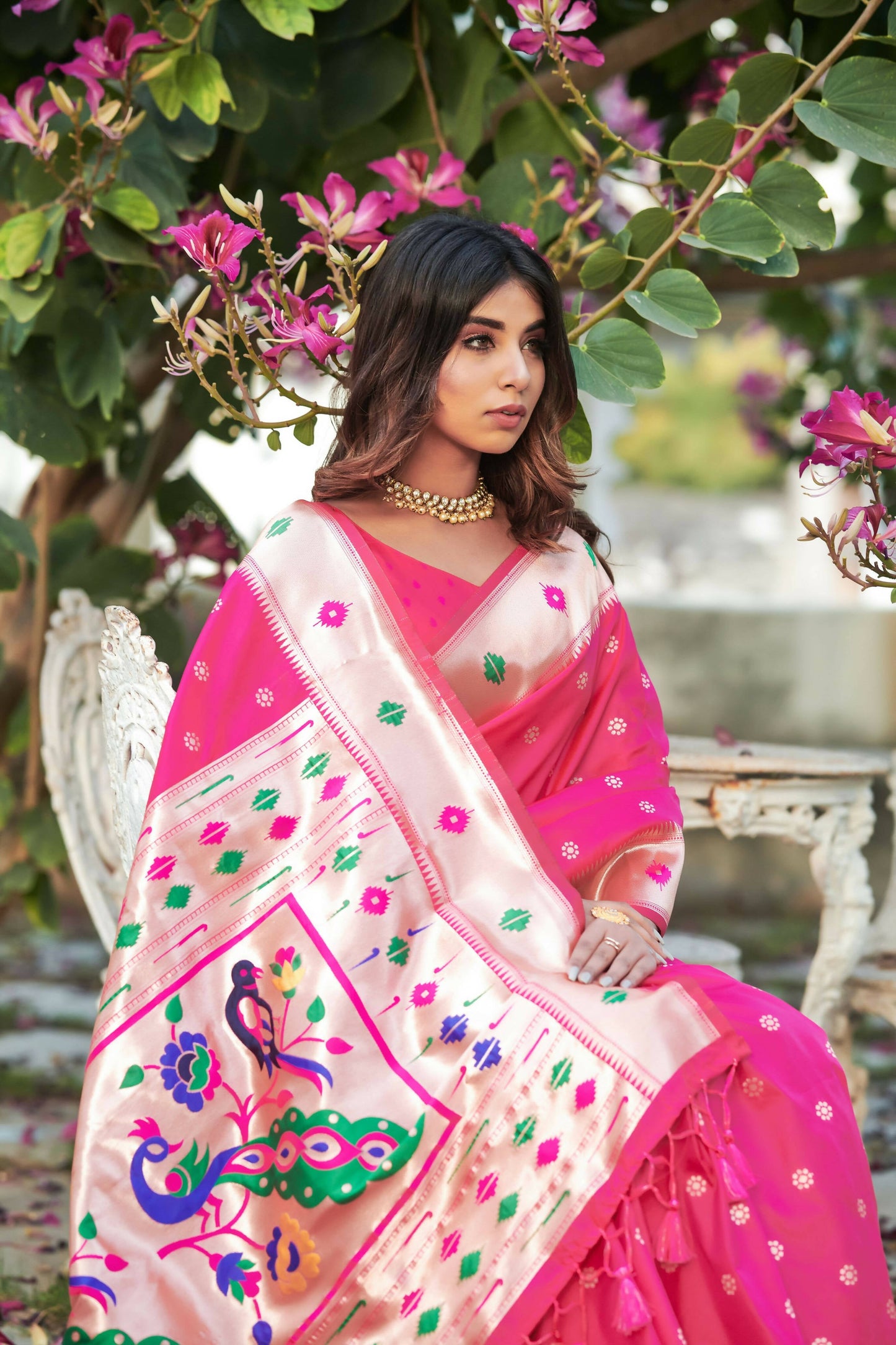 Vishnu Weaves Women's Rani Pink Banarasi Silk Zari Woven Paithani Saree with Unstitched Blouse - Swadesiicart