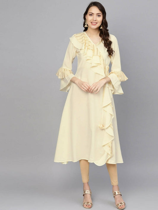 Ahalyaa Cream Crepe Angarkha Style Ruffled Kurta For Women | Swadesiicart