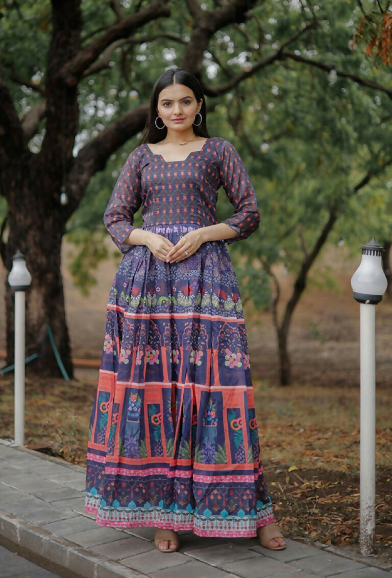 Jyoti Fashion Women's Purple Heavy Digital Printed Pure Chanderi Anarkali Dress | Swadesiicart