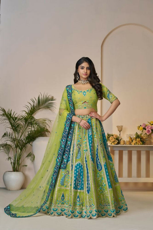 Kesar Fab Green Banarasi Silk Embroidered Lehenga | Swadesiicart