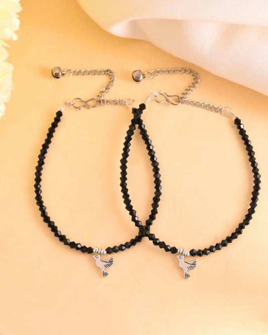 VOJ Set of 2 Bird Black Beads Anklet - Swadesiicart