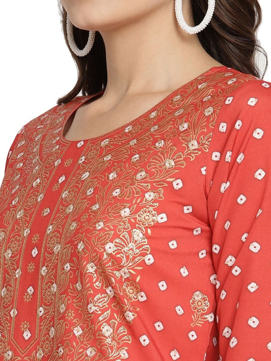 Ahalyaa Red Crepe Bandhani Gold Printed Kurta Pant With Dupatta | Swadesiicart
