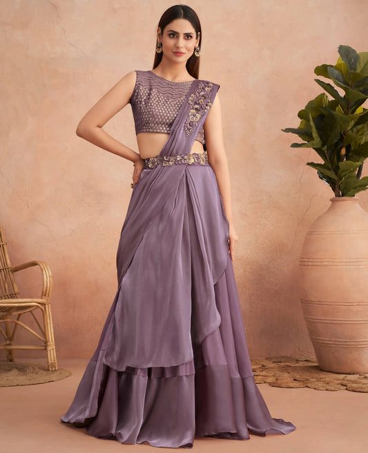 Purple Satin Embroidered Ready To Wear Saree With Unstitched Blouse Piece - Nandika | Swadesiicart