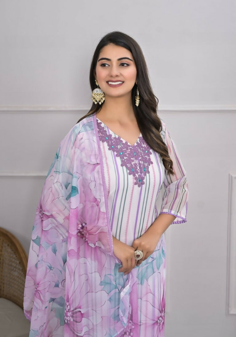 White Viscose Silk Embroidery with Thread and sequence Stitched Suit With Dupatta - Tanisha | Swadesiicart