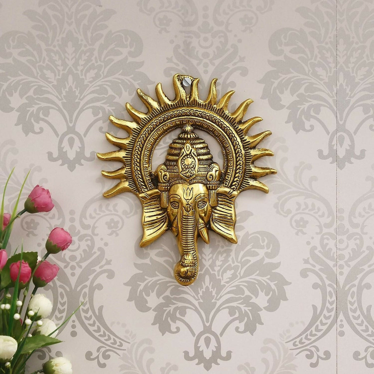 Swadesiicart Golden Lord Ganesha With Sun Decorative Metal Wall Hanging
