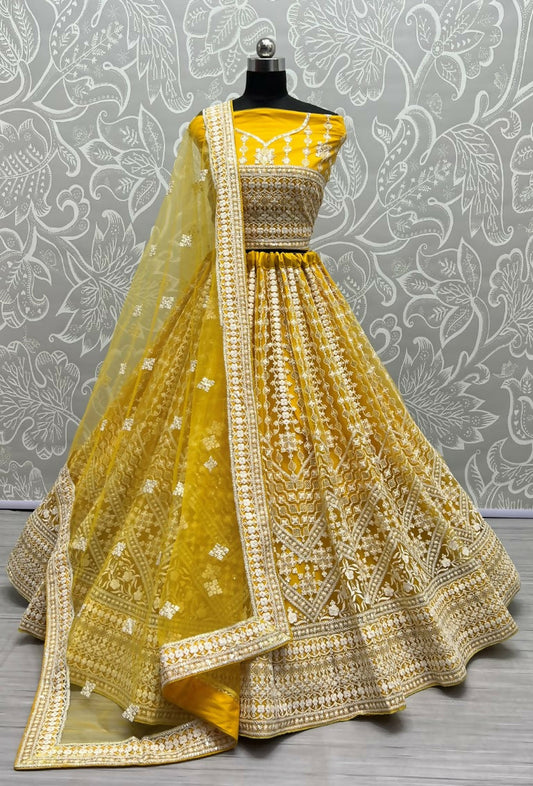 Jyoti Fashion Women's Yellow Net Patterned Thread Embroidered with Sequins Wedding Lehenga Choli | Swadesiicart