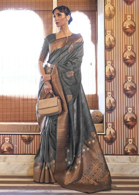 Platinum Grey Tussar Banarasi Silk Designer Saree - Emponline | Swadesiicart