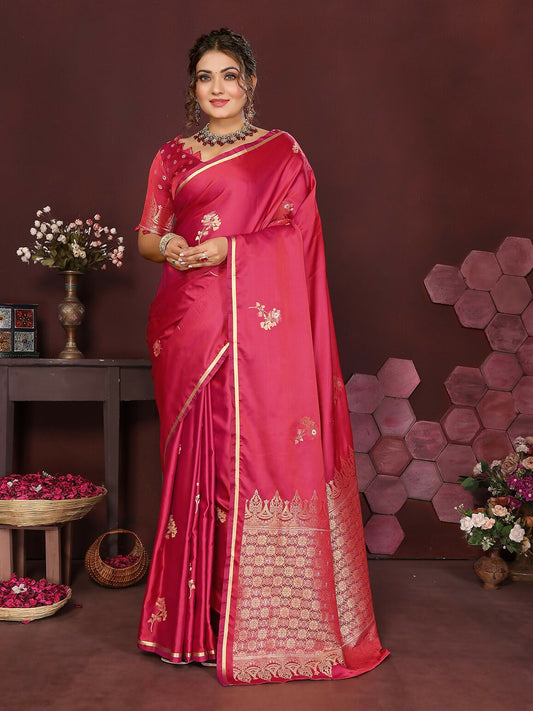 Joban Fashion Pink Floral Banarasi Silk Sarees | Swadesiicart