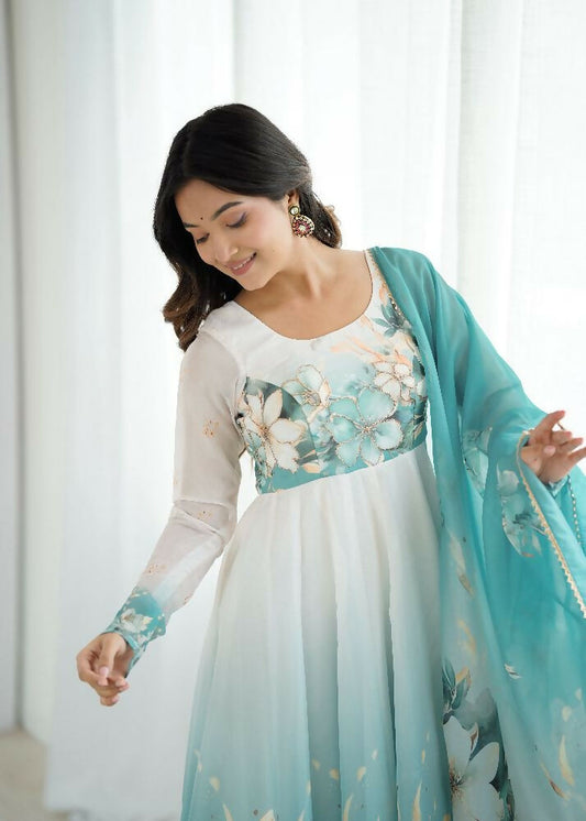 Joban Fashion Aqua Blue Kurta Set Organza Sequin Embroidery Work