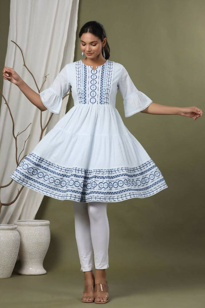 Juniper Sky Blue Cotton Dobby Festive Embroidered Tiered Dress For Women | Swadesiicart