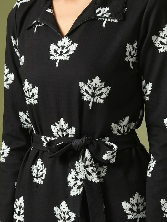Myshka Women's Black Printed Polo Collar Party Top With Trousers Co-ord set - Swadesiicart