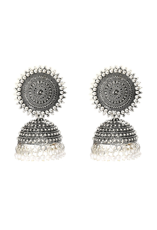 Mominos Fashion Johar Kamal Silver Color Jhumkas With White Pearls Earrings - Mominos Fashion
