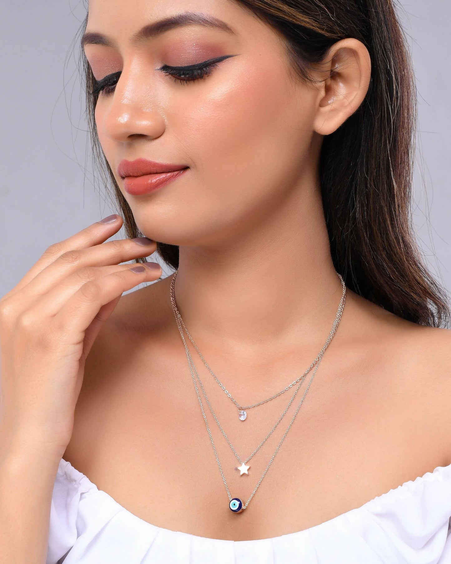 VOJ Women Stainless Steel 3 Layered Sliver Tonned Chain Set | Swadesiicart