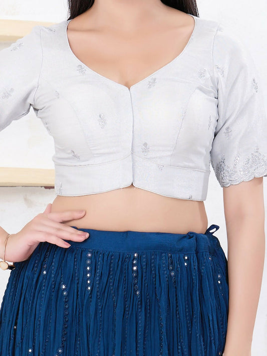 Joban Fashion Silver Shimmer Elbow Sleeveless Front Open Blouse - Swadesiicart