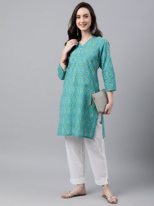 Janasya Women's Turquoise Blue Cotton Block Print Straight Tunic | Swadesiicart