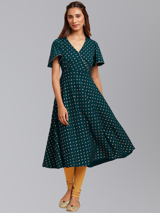 Janasya Women's Peacock Green Crepe Foil Print Festive Flared Kurta | Swadesiicart