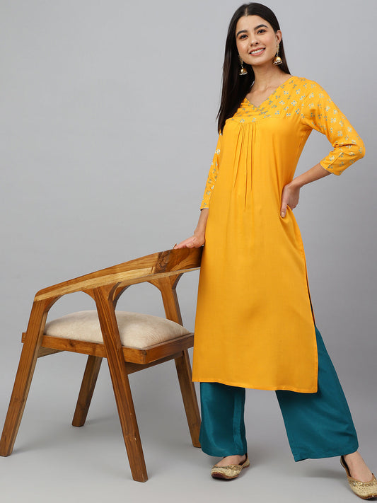 Janasya Women's Orange Rayon Gold Floral Print Festive Straight Kurta - Swadesiicart