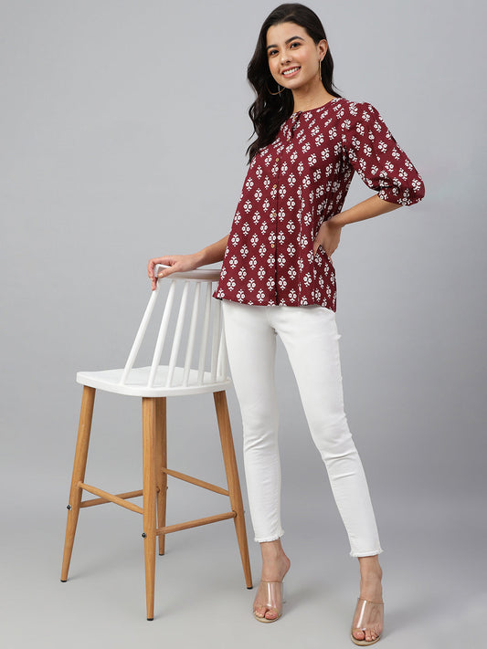 Janasya Women's Wine Cotton Ethnic Motifs A-line Top | Swadesiicart
