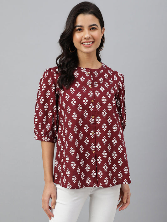 Janasya Women's Wine Cotton Ethnic Motifs A-line Top | Swadesiicart