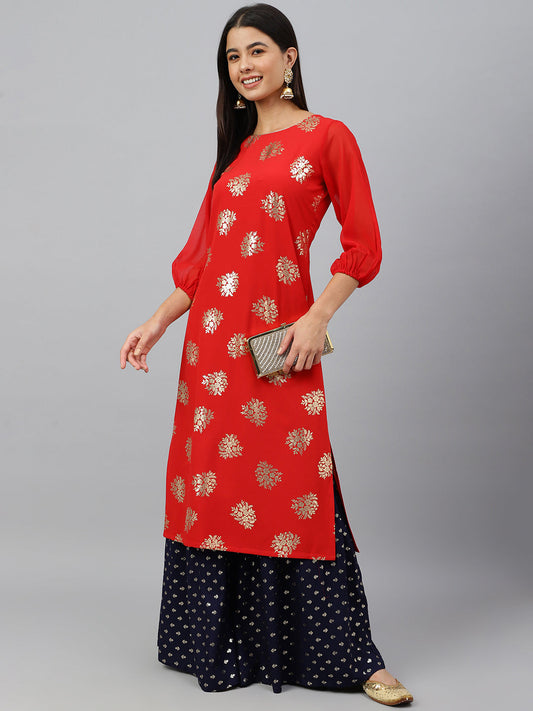 Indian Clothing Janasya Women's Red Crepe Floral Foil Print Casual Straight Kurta | Swadesiicart