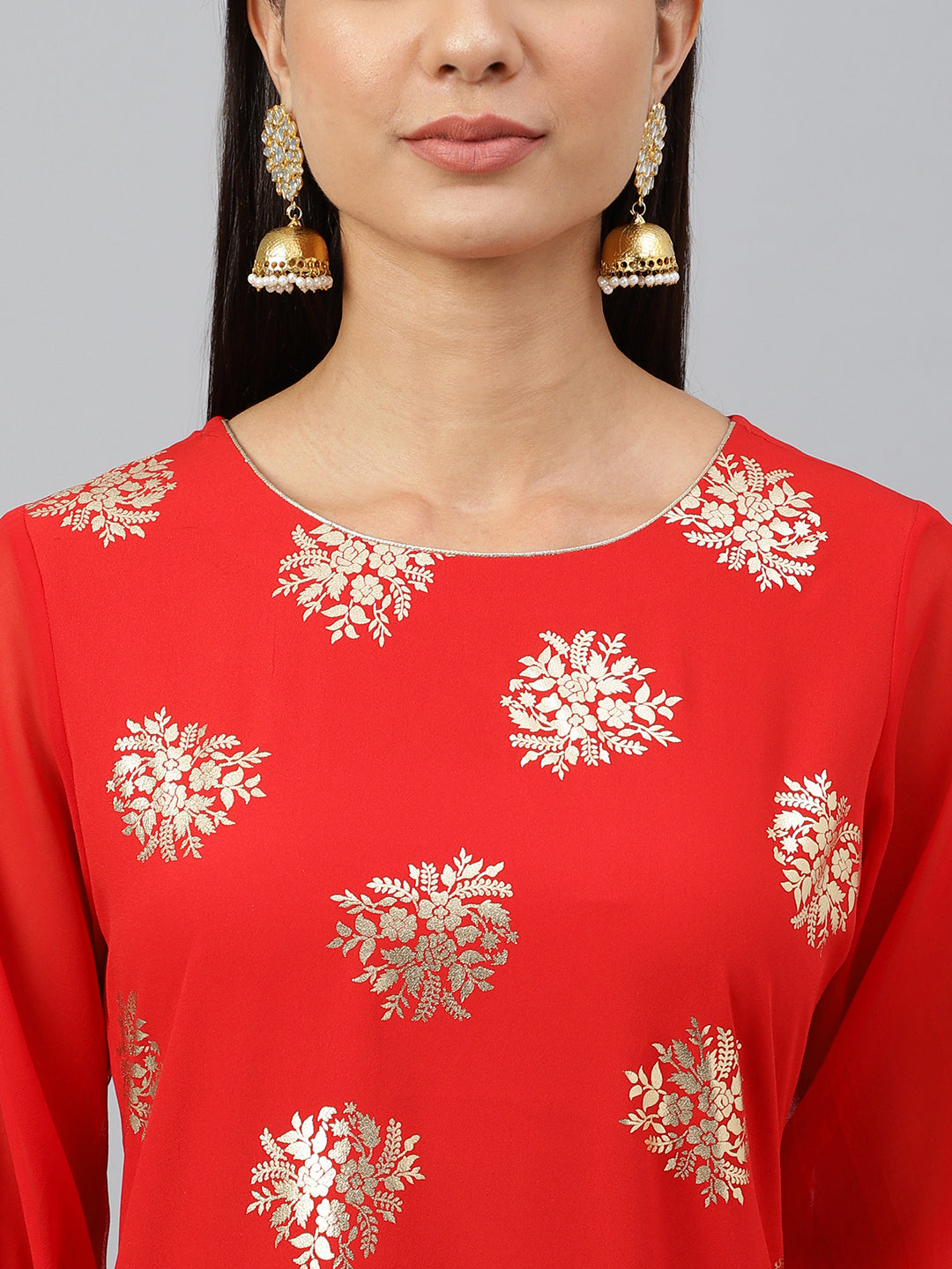 Indian Clothing Janasya Women's Red Crepe Floral Foil Print Casual Straight Kurta | Swadesiicart