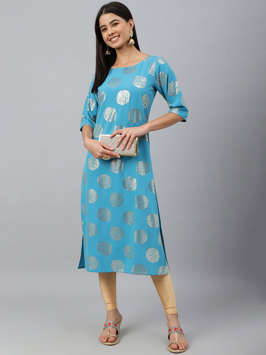 Janasya Women's Sky Blue Crepe Foil Print Casual Straight Kurta | Swadesiicart