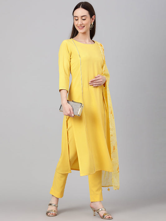 Janasya Women's Yellow Crepe Solid Straight Festival Kurta Set | Swadesiicart