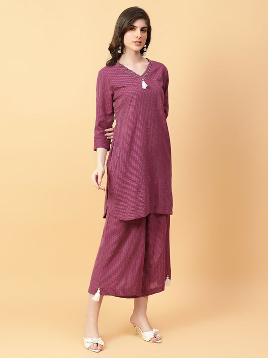 Joban Fashion Purple Cotton Khatha & Hand Work Co-ord Set - Swadesiicart