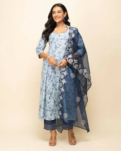 FIORRA Women's Light Blue Cotton Flared Kurta Pant with Dupatta - Swadesiicart