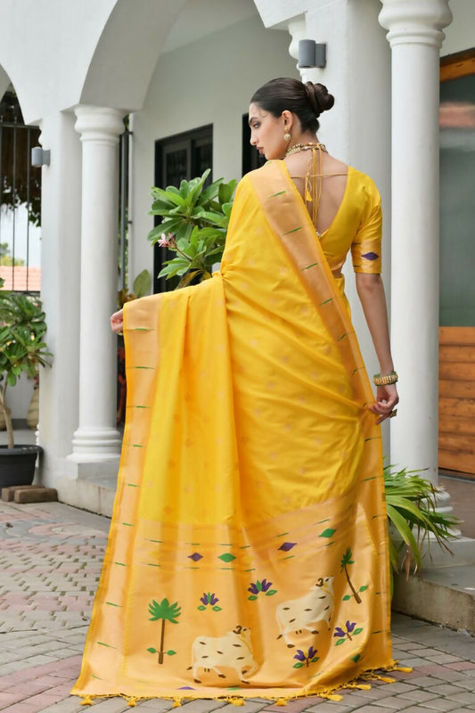Vishnu Weaves Women's Yellow Paithani Silk Zari Woven Saree with Blouse - Swadesiicart